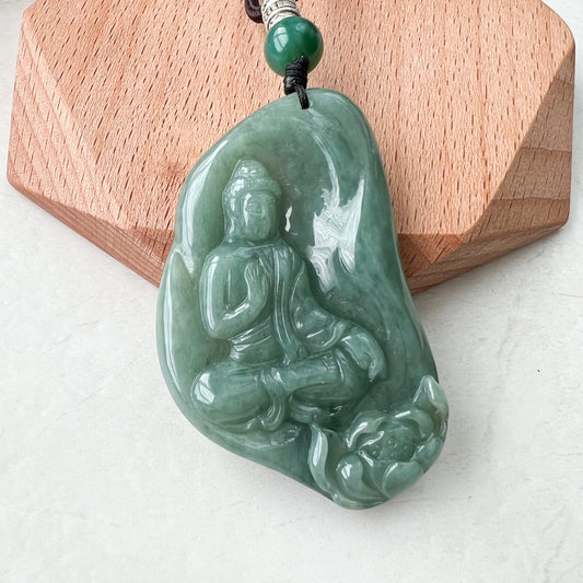 Jadeite Jade Amitabha Buddha Amita Amida Green Carved Pendant Necklace, YJ-1221-0210865 - AriaDesignCollection