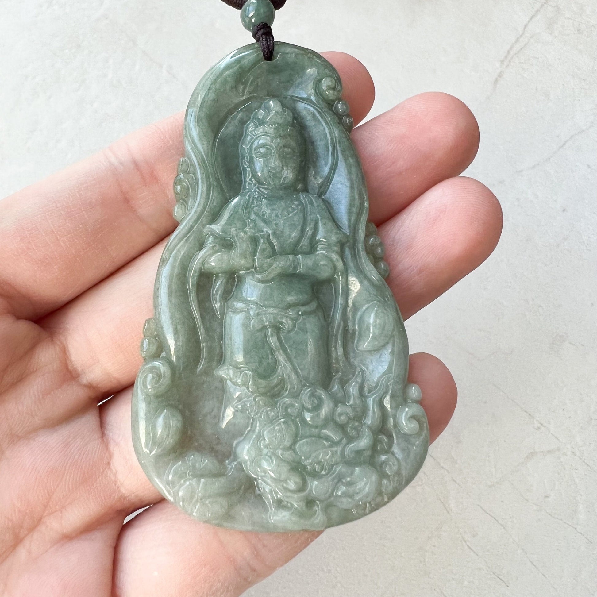 Green Jadeite Jade Guan Yin Avalokiteshvara Hand Carved Pendant Necklace, YJ-1221-0279104 - AriaDesignCollection