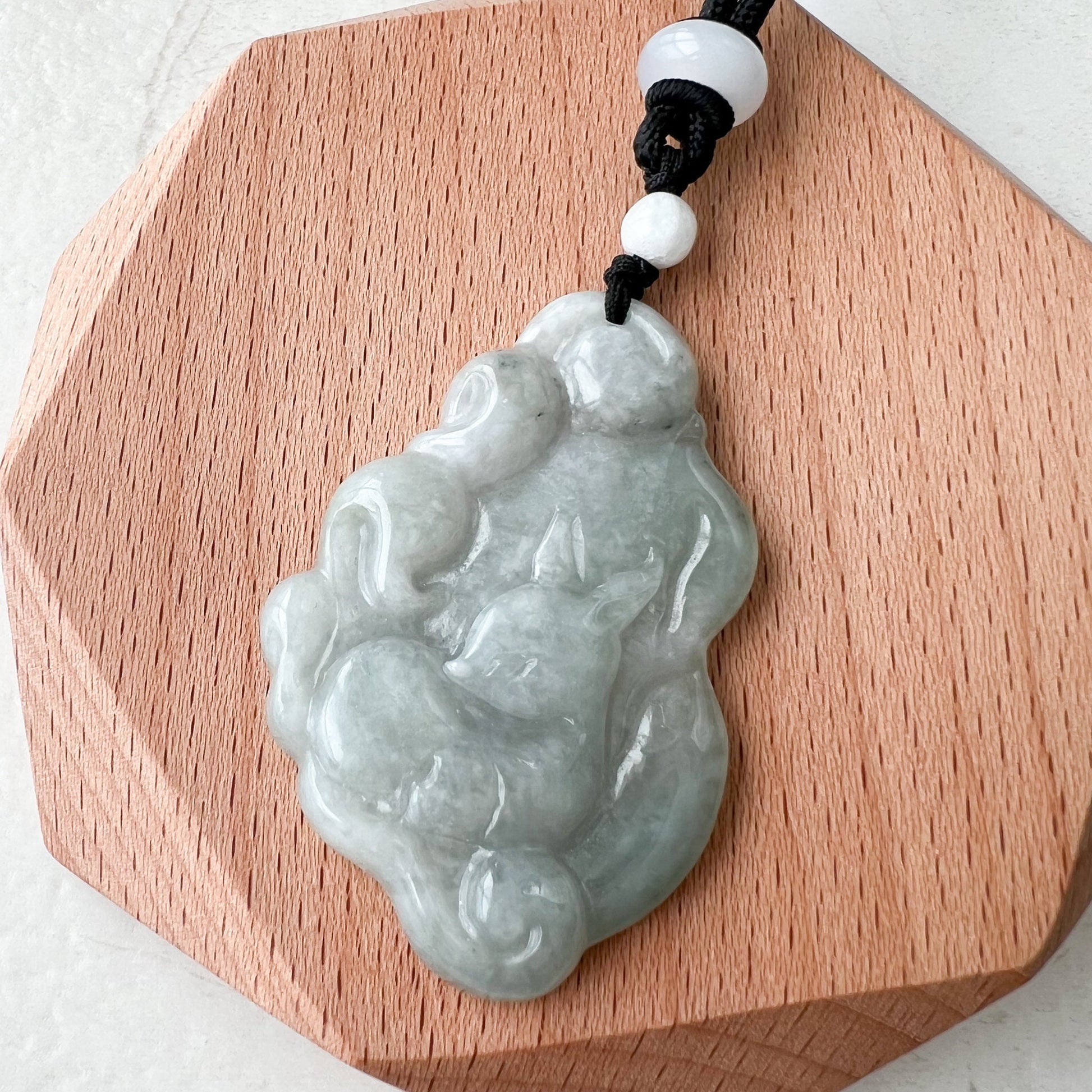 9 Tail Fox Jadeite Jade Chinese Zodiac Hand Carved Pendant Necklace, YJ-1221-0233738 - AriaDesignCollection