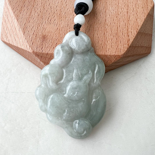 9 Tail Fox Jadeite Jade Chinese Zodiac Hand Carved Pendant Necklace, YJ-1221-0233738 - AriaDesignCollection