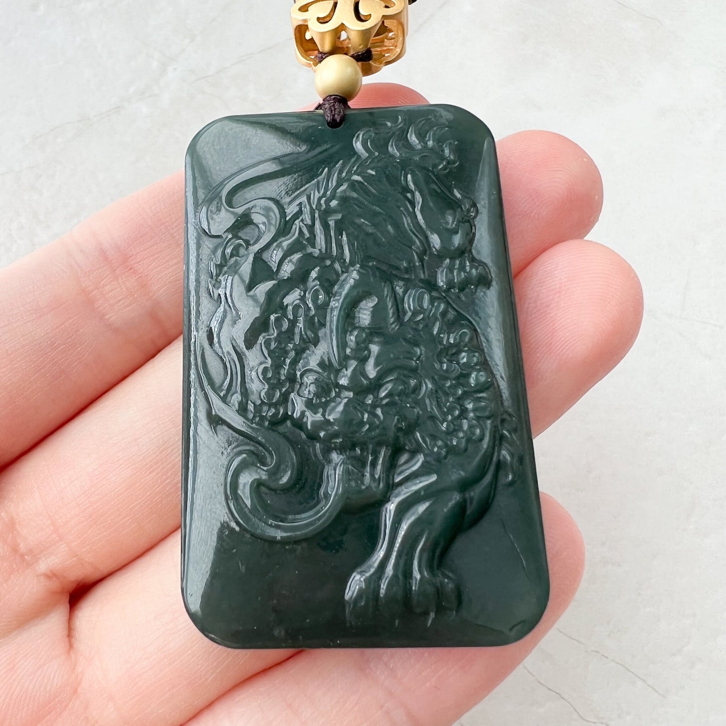 Nephrite Jade Tiger, Dark Green Jade, Chinese Zodiac Carved Pendant Necklace, NVN-1221-1646272324 - AriaDesignCollection