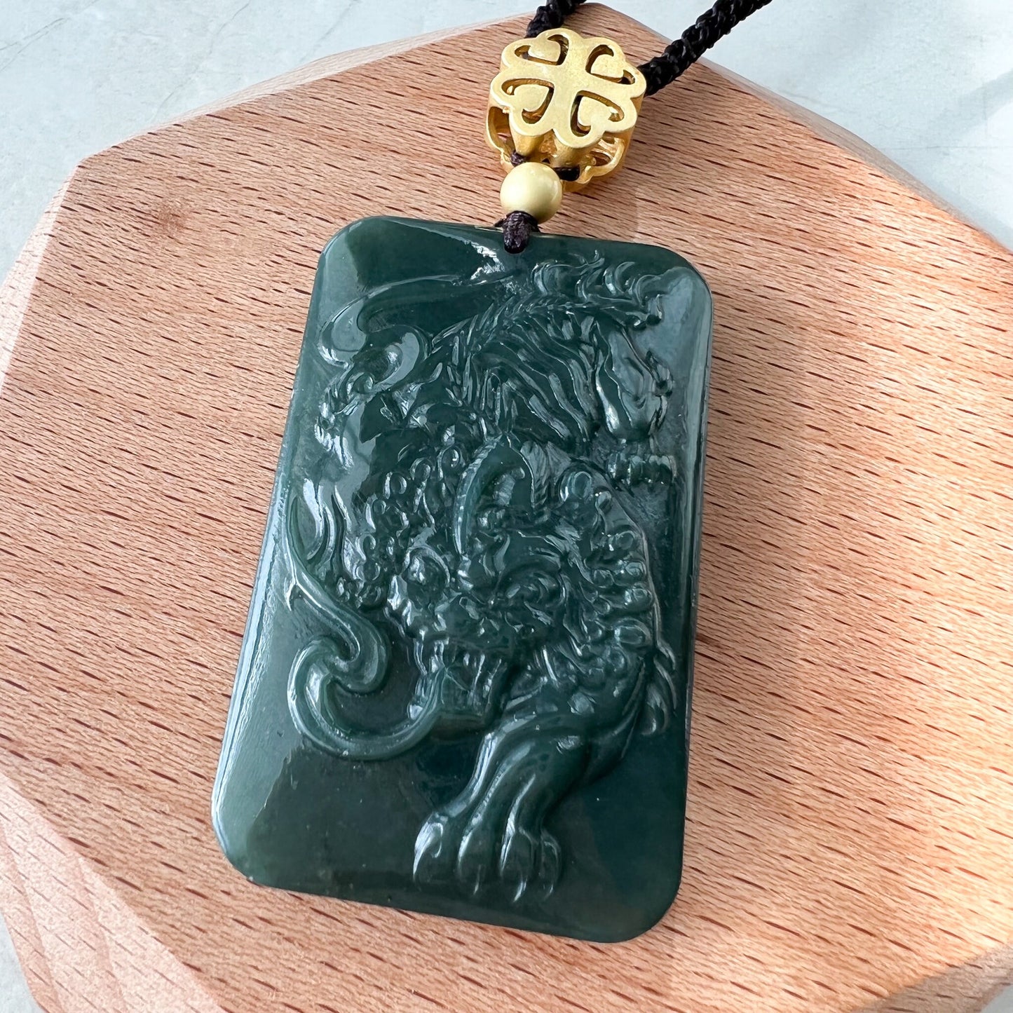 Nephrite Jade Tiger, Dark Green Jade, Chinese Zodiac Carved Pendant Necklace, NVN-1221-1646272324 - AriaDesignCollection