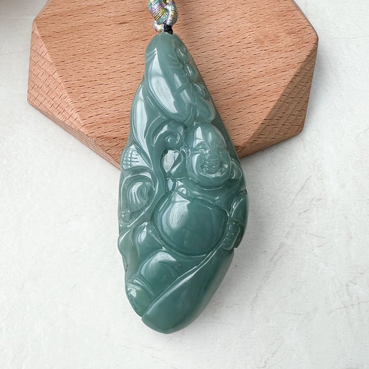 Very Large Green Jadeite Jade Happy Buddha Carved Jadeite Pendant,  YJ-1221-0157015 - AriaDesignCollection