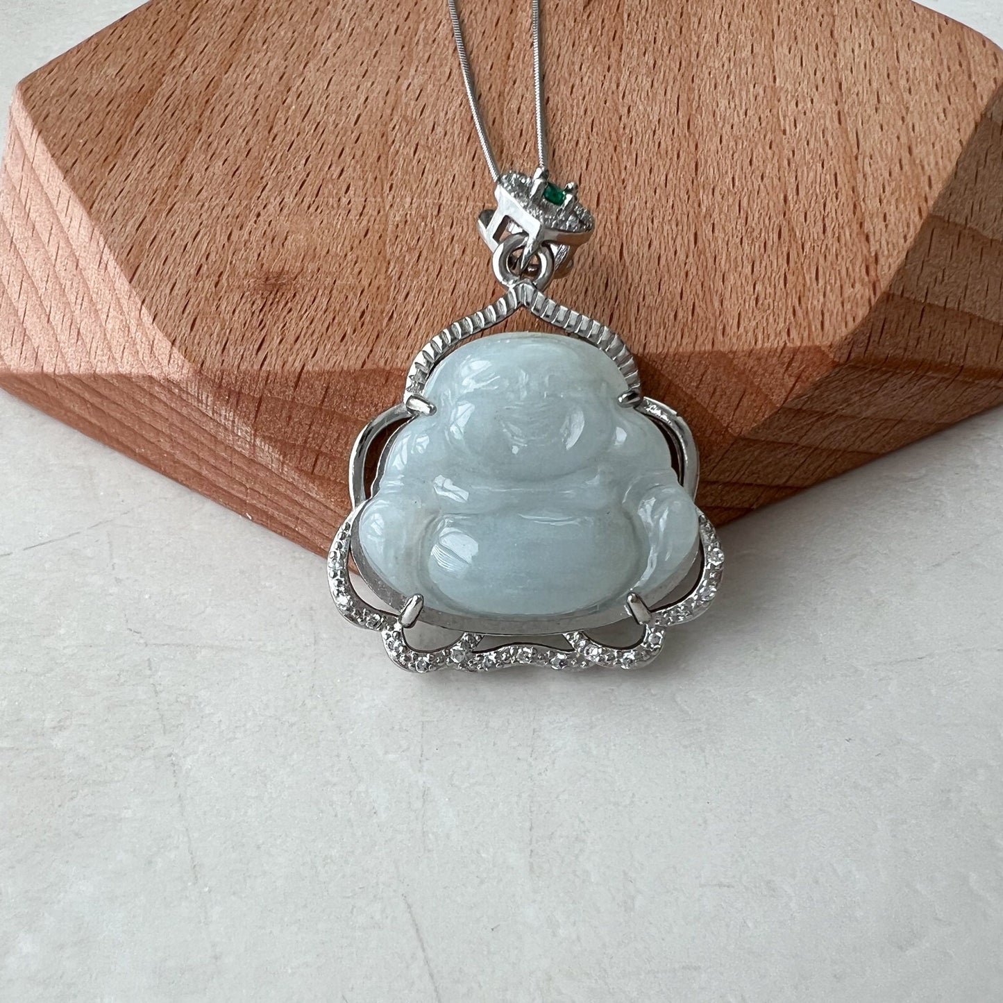 Jadeite Jade Happy Laughing Buddha, Budai, Carved Pendant Sterling Silver Necklace, BJ-0621-1646063241 - AriaDesignCollection
