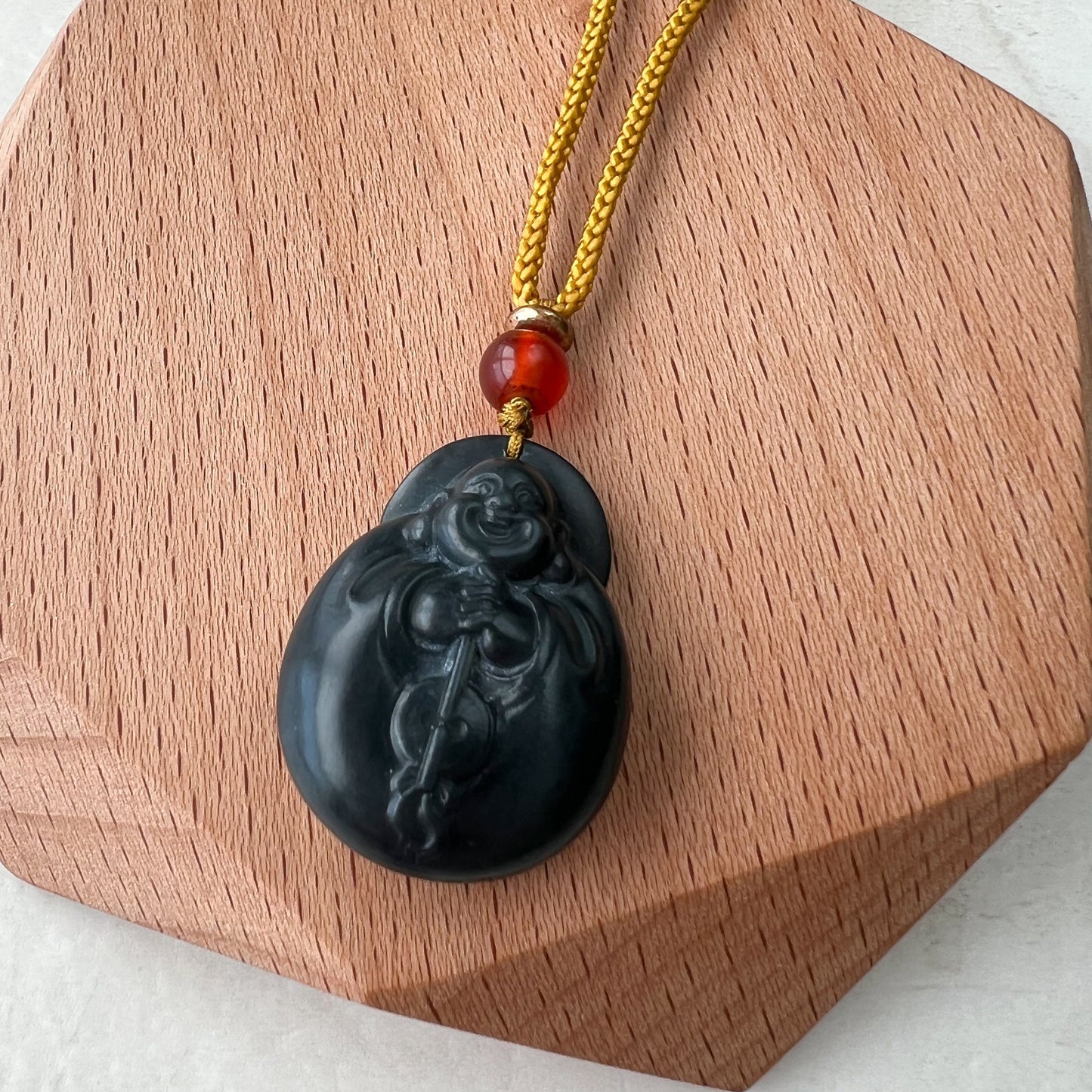 Nephrite Jade Happy Laughing Buddha, Dark Green, Budai Carved Jade Pendant, SG-1221-1646197455 - AriaDesignCollection