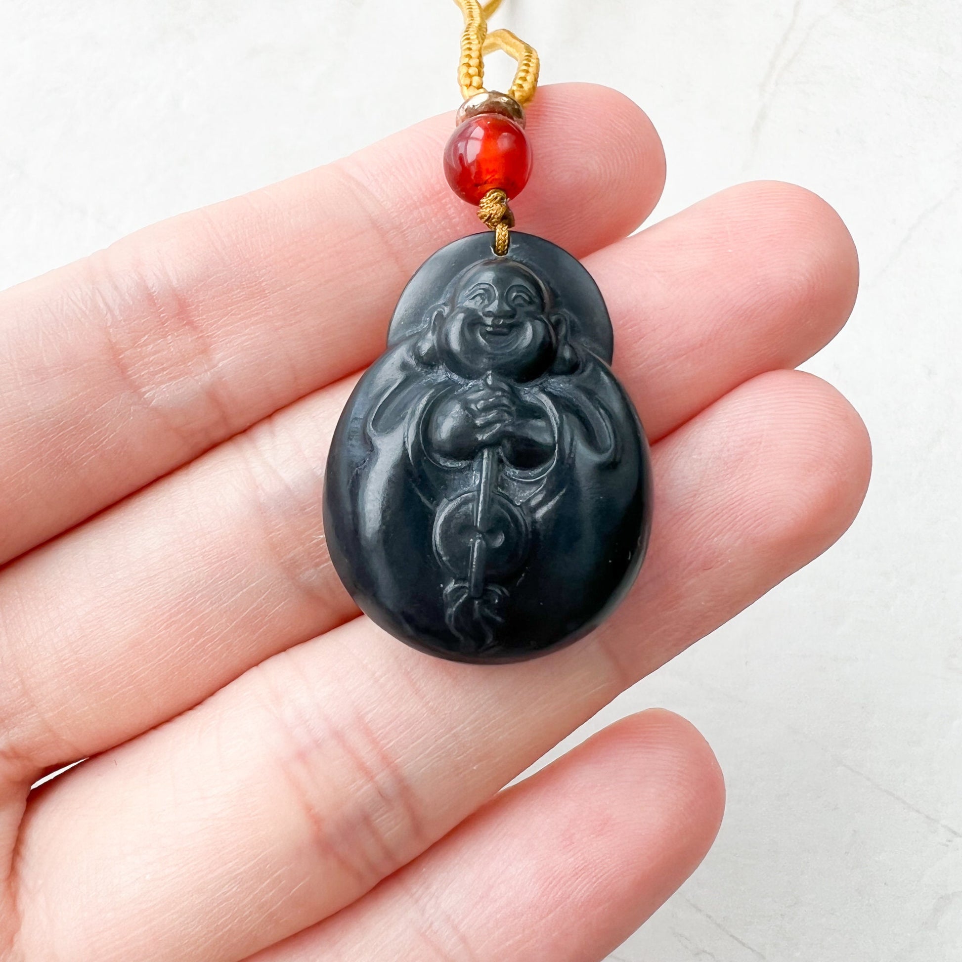 Nephrite Jade Happy Laughing Buddha, Dark Green, Budai Carved Jade Pendant, SG-1221-1646197455 - AriaDesignCollection