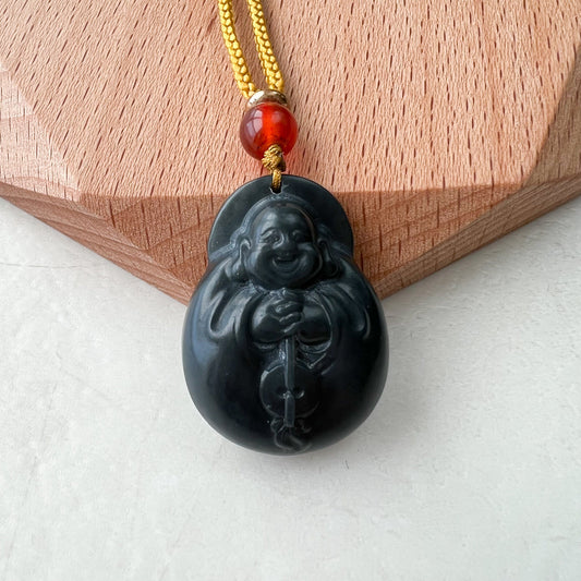 Nephrite Jade Happy Laughing Buddha, Dark Green, Budai Carved Jade Pendant, SG-1221-1646197455 - AriaDesignCollection