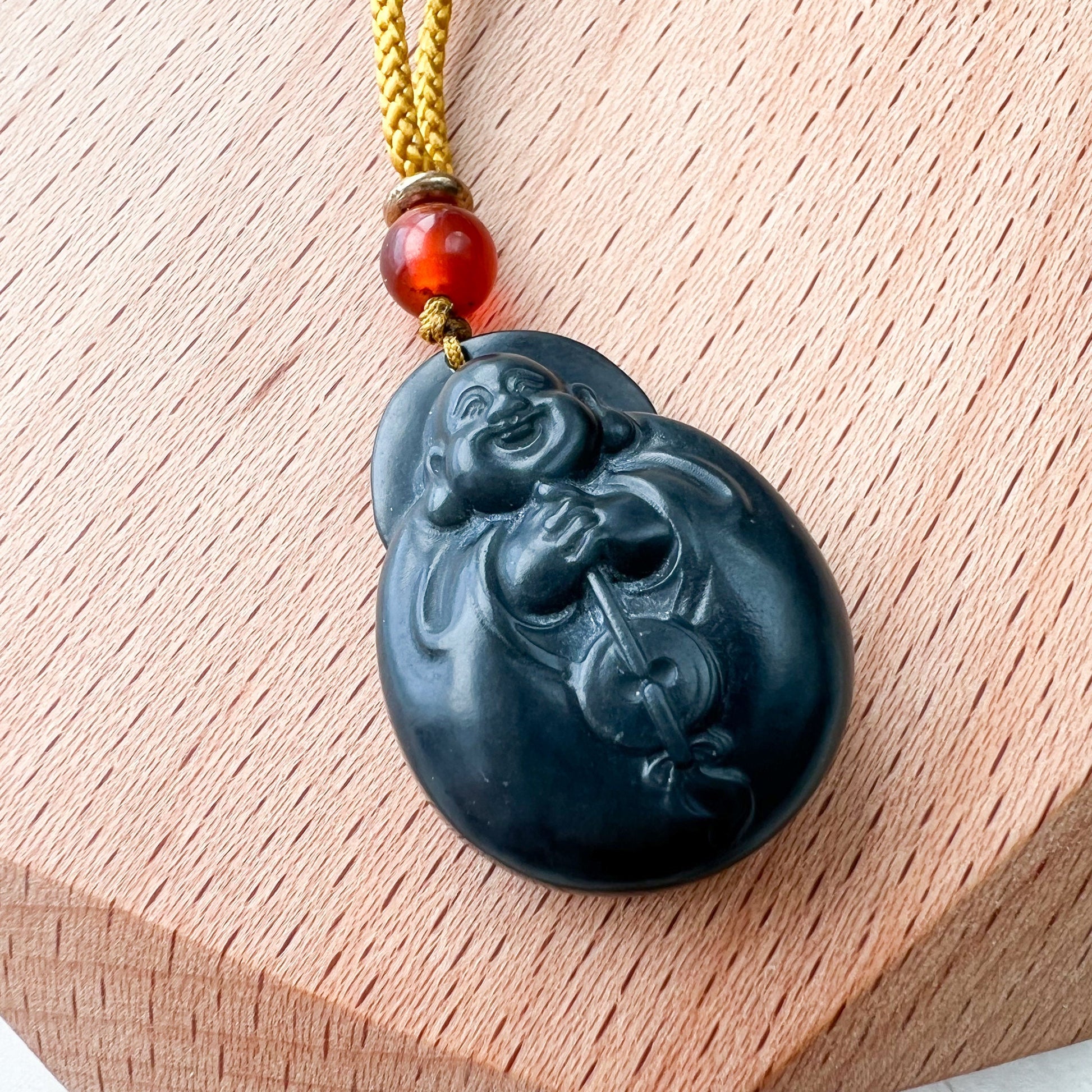 Nephrite Jade Happy Laughing Buddha, Dark Green, Budai Carved Jade Pendant, SG-1221-1646197455 - AriaDesignCollection