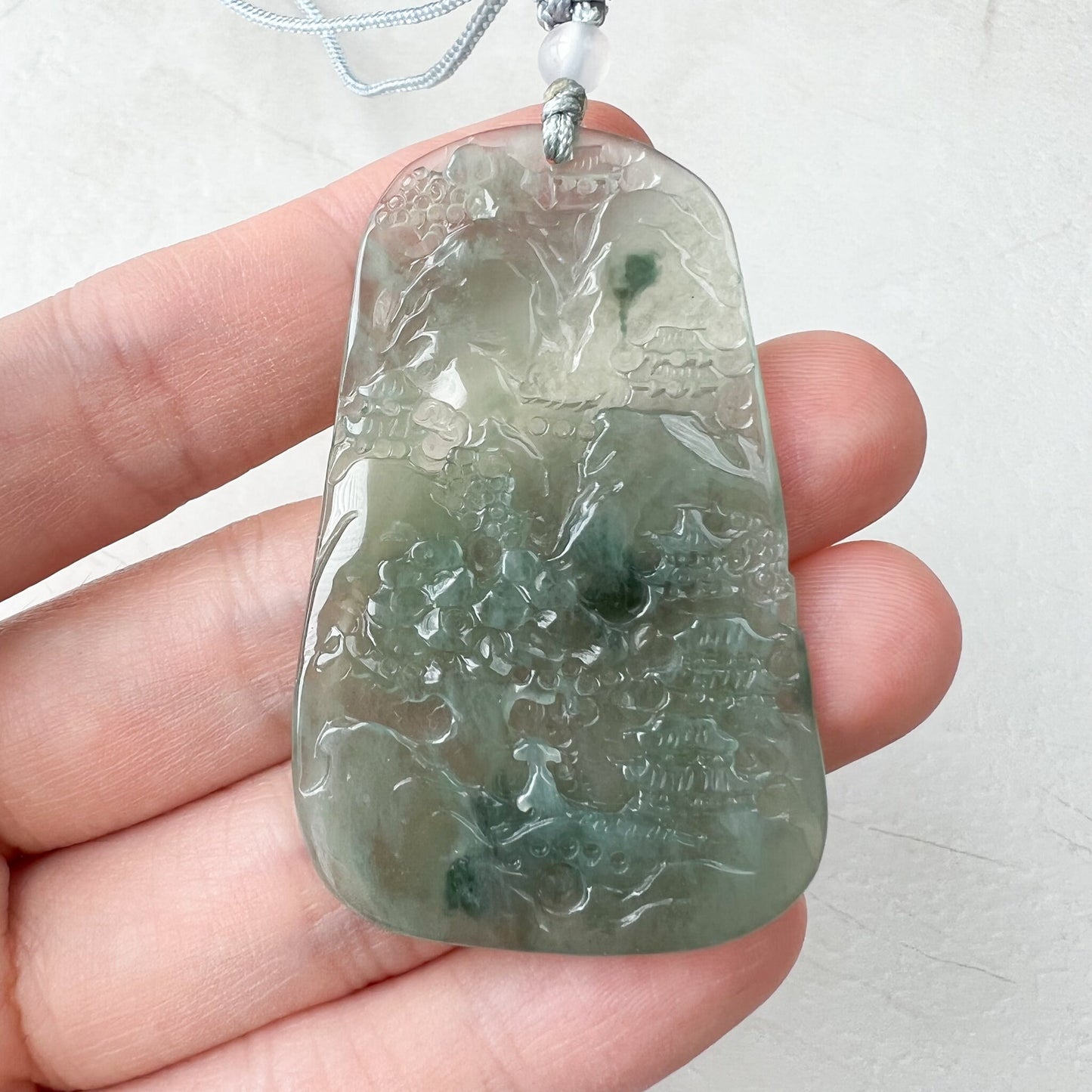 Icy Translucent Jadeite Jade Thin Landscape Mountain Forest River Scenery Hand Carved Pendant Necklace, ZYF-1221-1646196175 - AriaDesignCollection