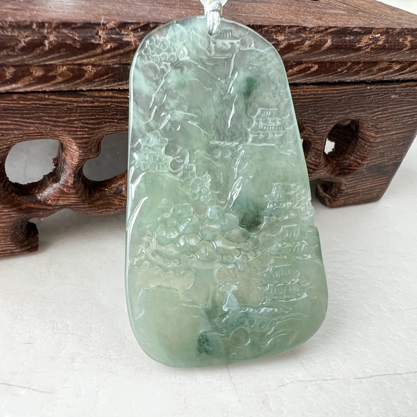Icy Translucent Jadeite Jade Thin Landscape Mountain Forest River Scenery Hand Carved Pendant Necklace, ZYF-1221-1646196175 - AriaDesignCollection