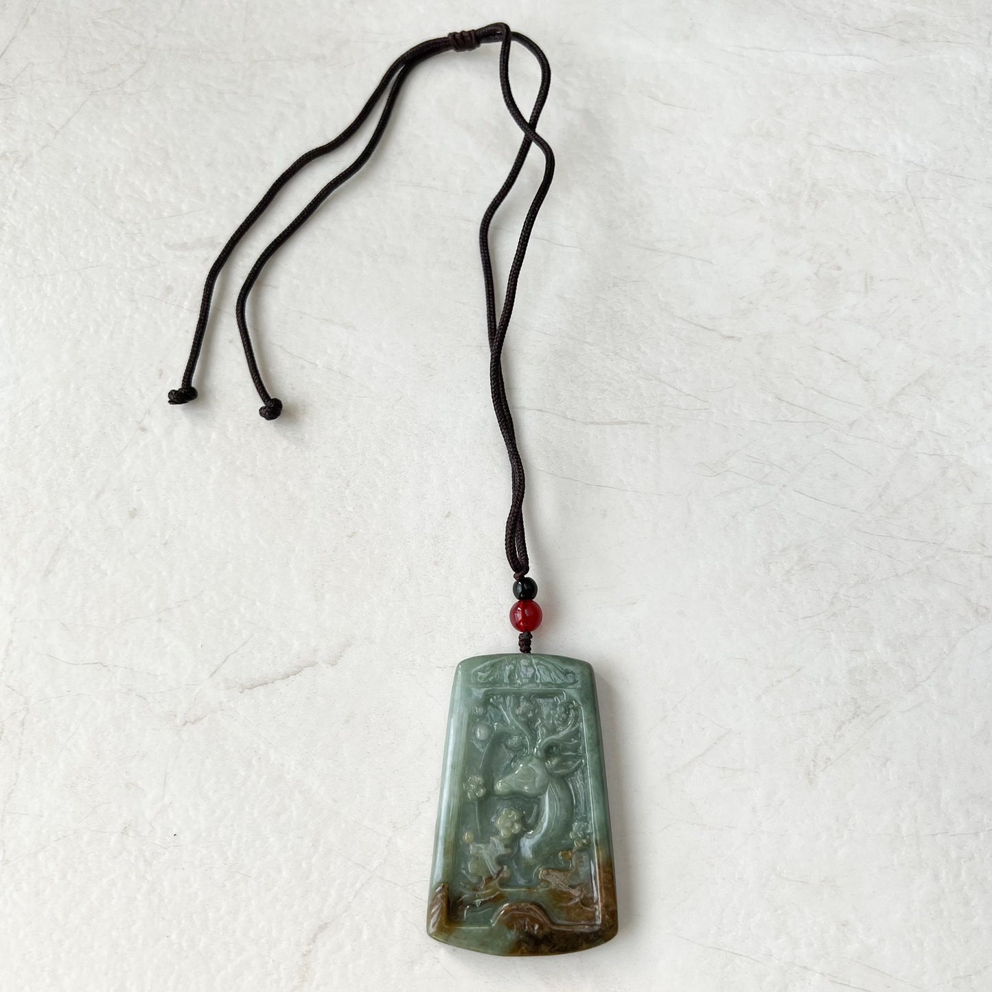 Large Jadeite Jade Deer in Forest Hand Carved Pendant Necklace, YJ-1221-0235521 - AriaDesignCollection