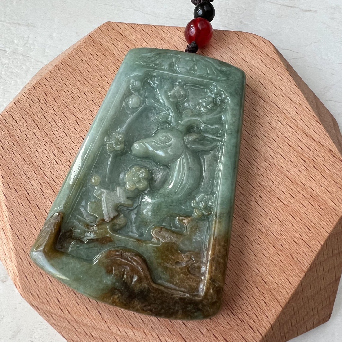 Large Jadeite Jade Deer in Forest Hand Carved Pendant Necklace, YJ-1221-0235521 - AriaDesignCollection