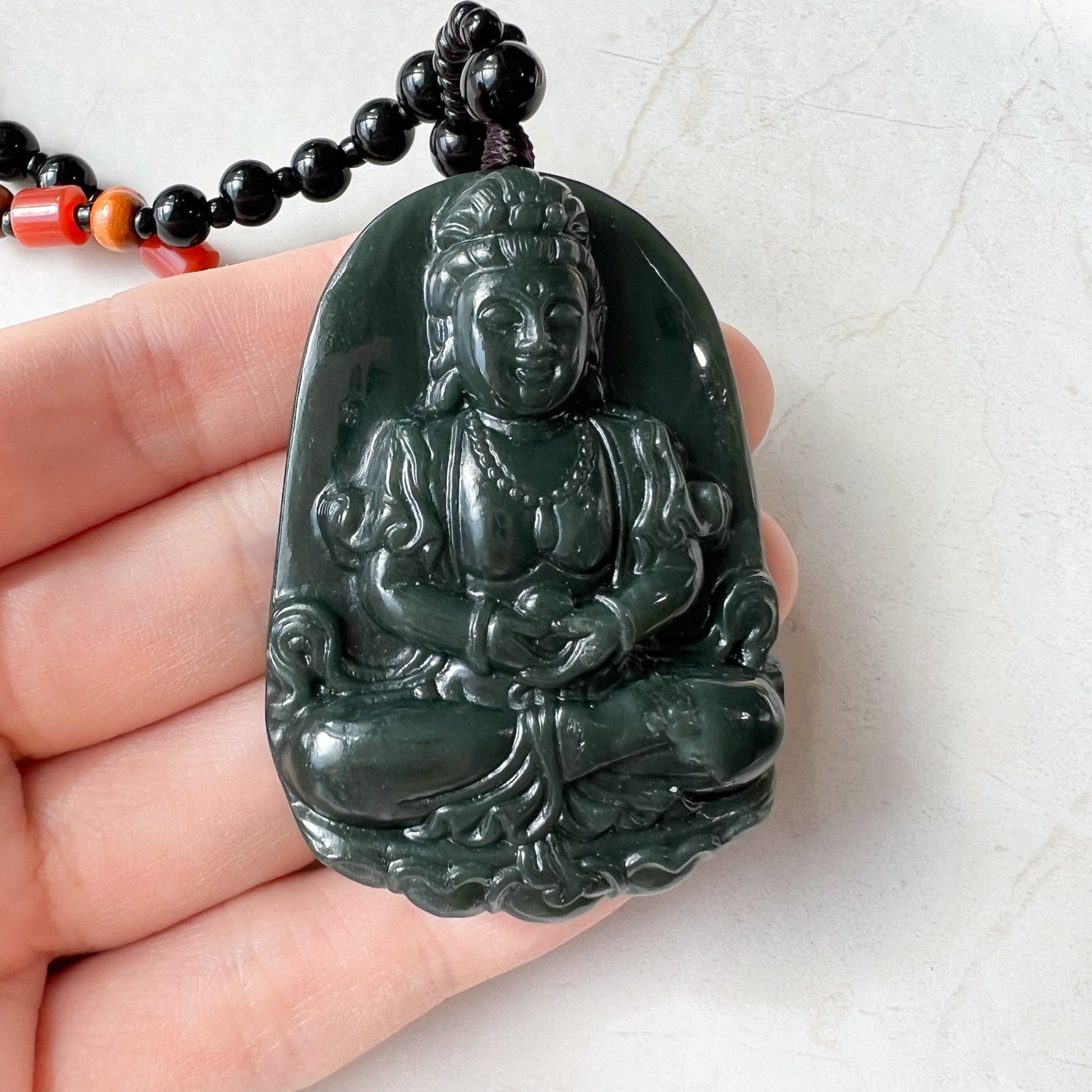 Dark Green Nephrite Jade Guan Yin Necklace, Hand Carved, Dark Green, Pendant, DSL-1221-1646191685 - AriaDesignCollection