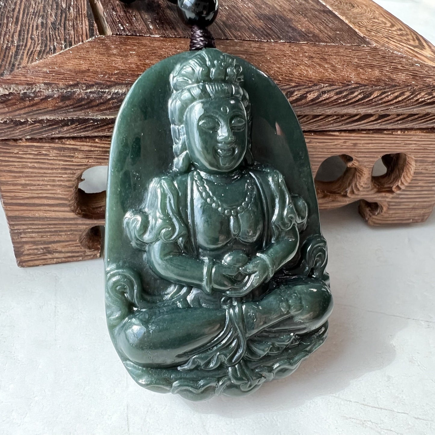 Dark Green Nephrite Jade Guan Yin Necklace, Hand Carved, Dark Green, Pendant, DSL-1221-1646191685 - AriaDesignCollection