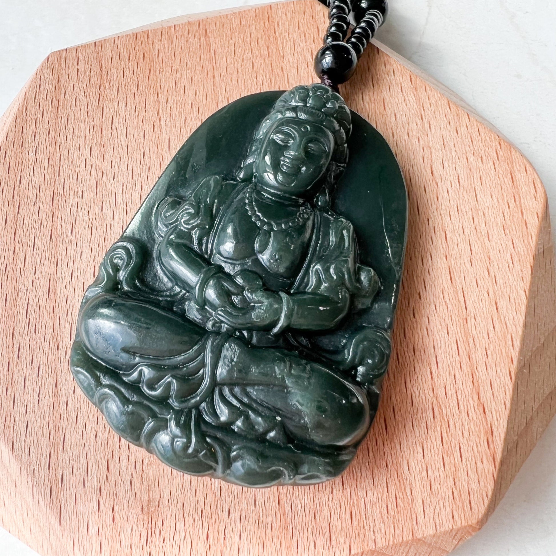 Dark Green Nephrite Jade Guan Yin Necklace, Hand Carved, Dark Green, Pendant, DSL-1221-1646191685 - AriaDesignCollection