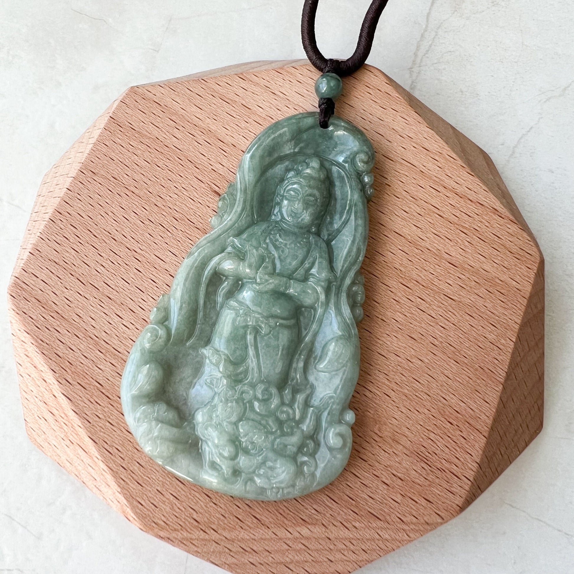 Green Jadeite Jade Guan Yin Avalokiteshvara Hand Carved Pendant Necklace, YJ-1221-0279104 - AriaDesignCollection