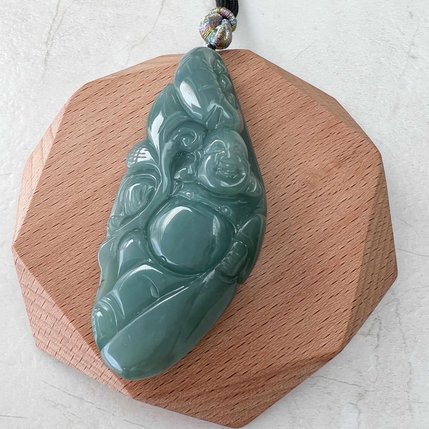 Very Large Green Jadeite Jade Happy Buddha Carved Jadeite Pendant,  YJ-1221-0157015 - AriaDesignCollection