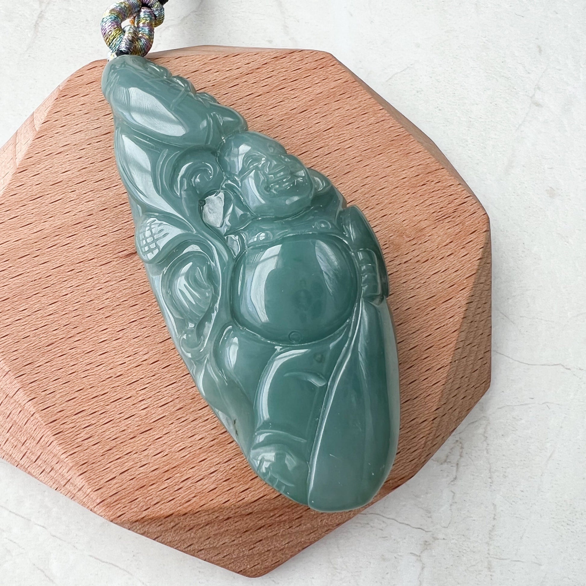 Very Large Green Jadeite Jade Happy Buddha Carved Jadeite Pendant,  YJ-1221-0157015 - AriaDesignCollection