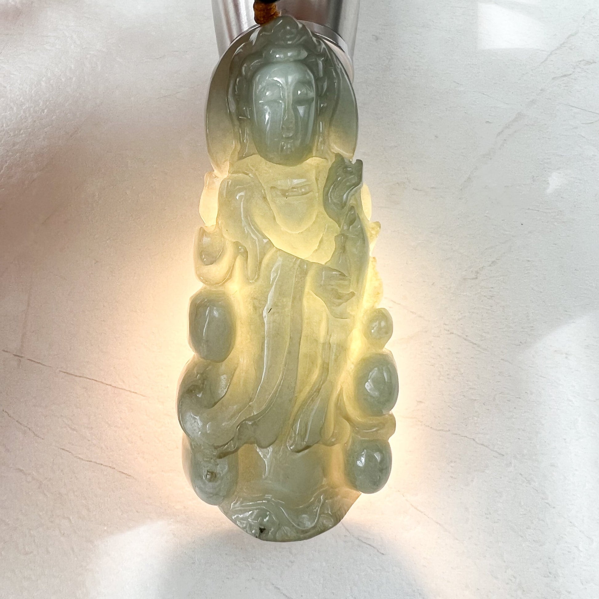 Green Jadeite Jade Guan Yin Avalokiteshvara Hand Carved Pendant Necklace, YJ-1221-0235513 - AriaDesignCollection
