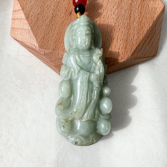 Green Jadeite Jade Guan Yin Avalokiteshvara Hand Carved Pendant Necklace, YJ-1221-0235513 - AriaDesignCollection