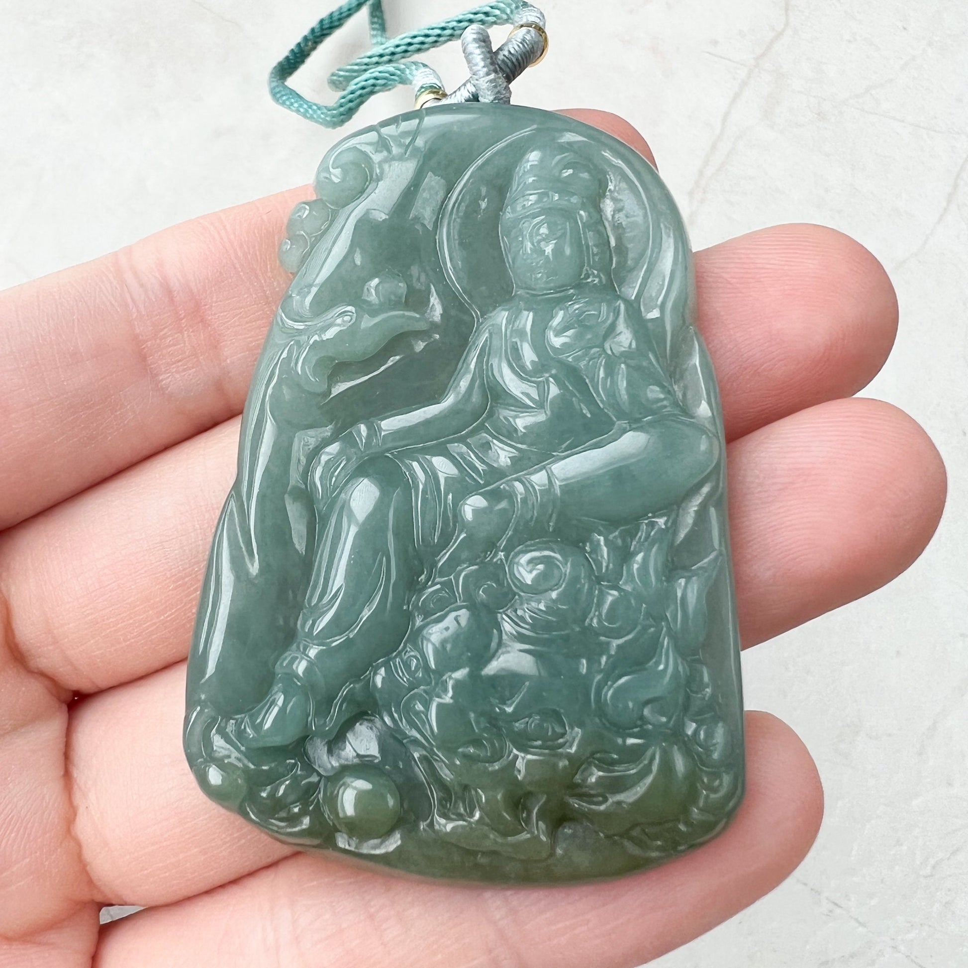 Green Jadeite Jade Guan Yin Kwan Yin Protected by Dragon Avalokitesvara Semi-Translucent Carved Pendant Necklace, YJ-1221-0210825 - AriaDesignCollection