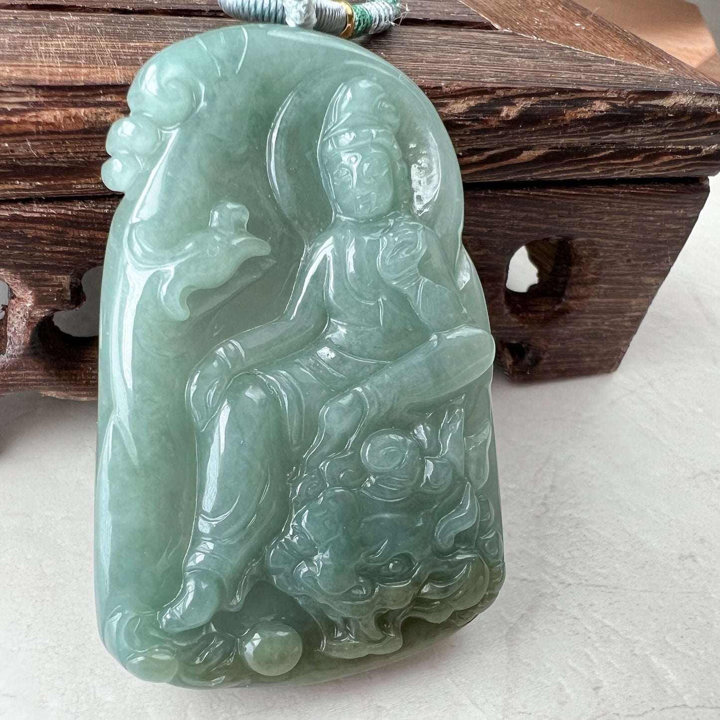 Green Jadeite Jade Guan Yin Kwan Yin Protected by Dragon Avalokitesvara Semi-Translucent Carved Pendant Necklace, YJ-1221-0210825 - AriaDesignCollection