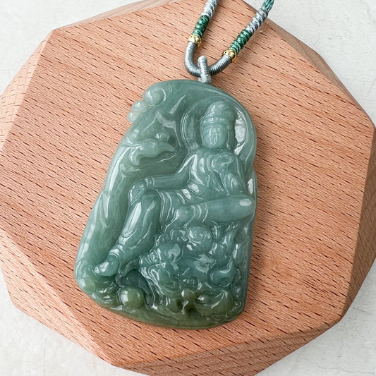 Green Jadeite Jade Guan Yin Kwan Yin Protected by Dragon Avalokitesvara Semi-Translucent Carved Pendant Necklace, YJ-1221-0210825 - AriaDesignCollection