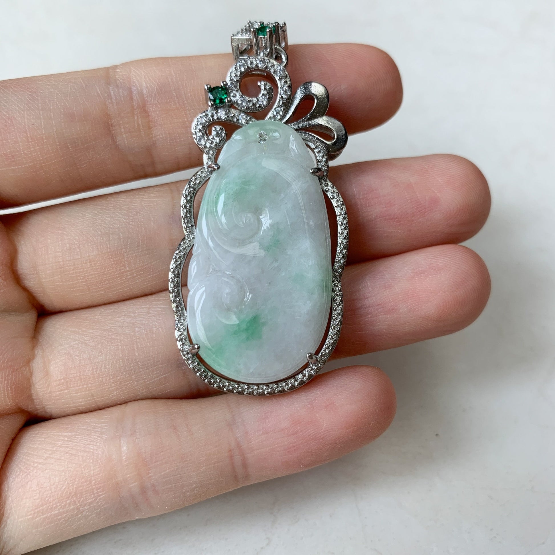 Jadeite Jade Lucky Ruyi Ru Yi, 如意, Sterling Silver Pendant Hand Carved Necklace, BJ-0621-0003439-3 - AriaDesignCollection