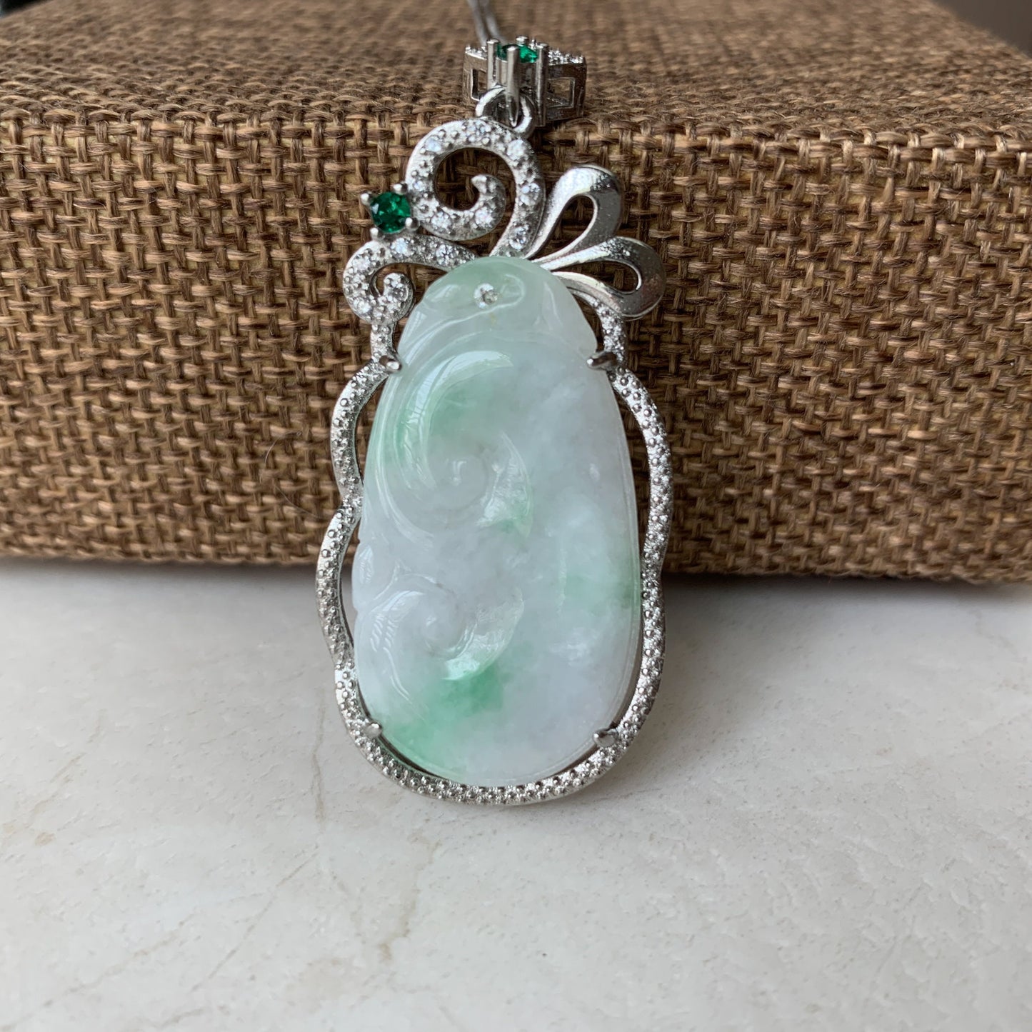 Jadeite Jade Lucky Ruyi Ru Yi, 如意, Sterling Silver Pendant Hand Carved Necklace, BJ-0621-0003439-3 - AriaDesignCollection