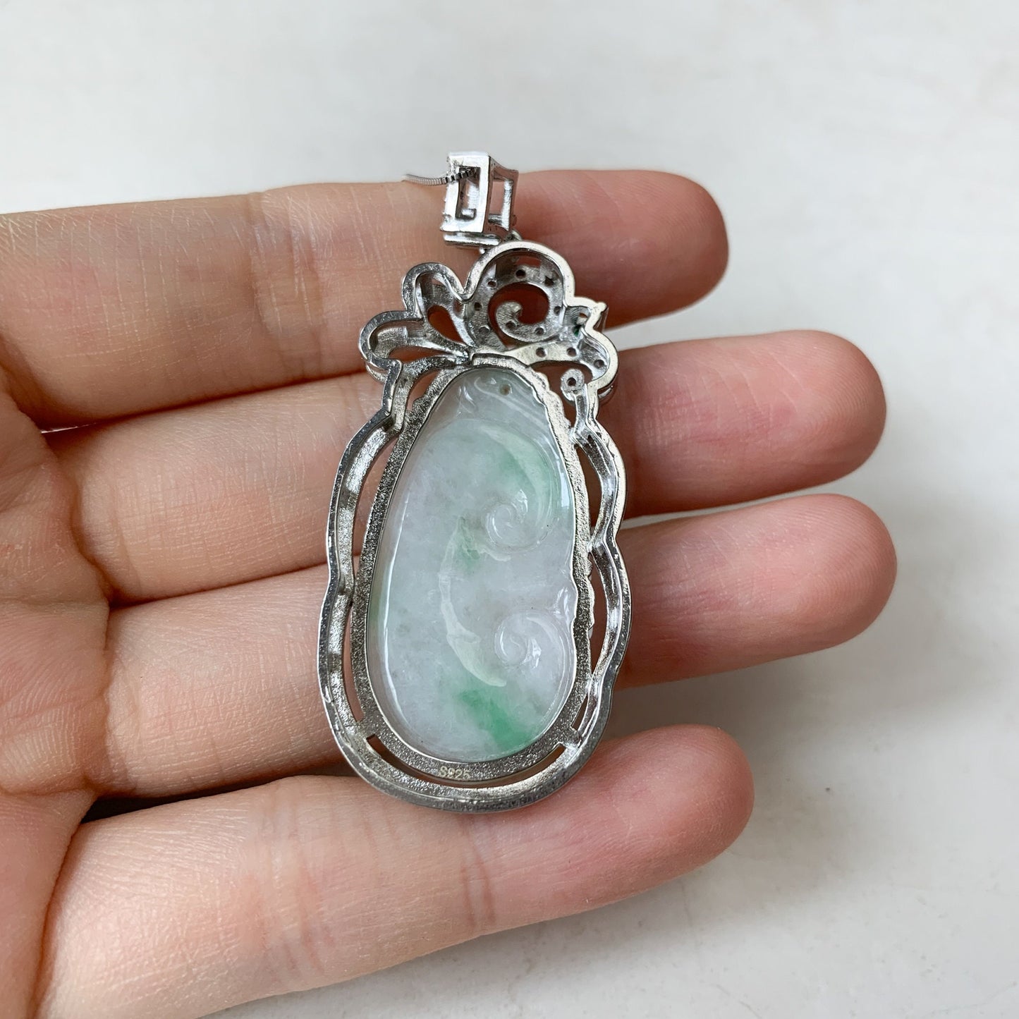 Jadeite Jade Lucky Ruyi Ru Yi, 如意, Sterling Silver Pendant Hand Carved Necklace, BJ-0621-0003439-3 - AriaDesignCollection