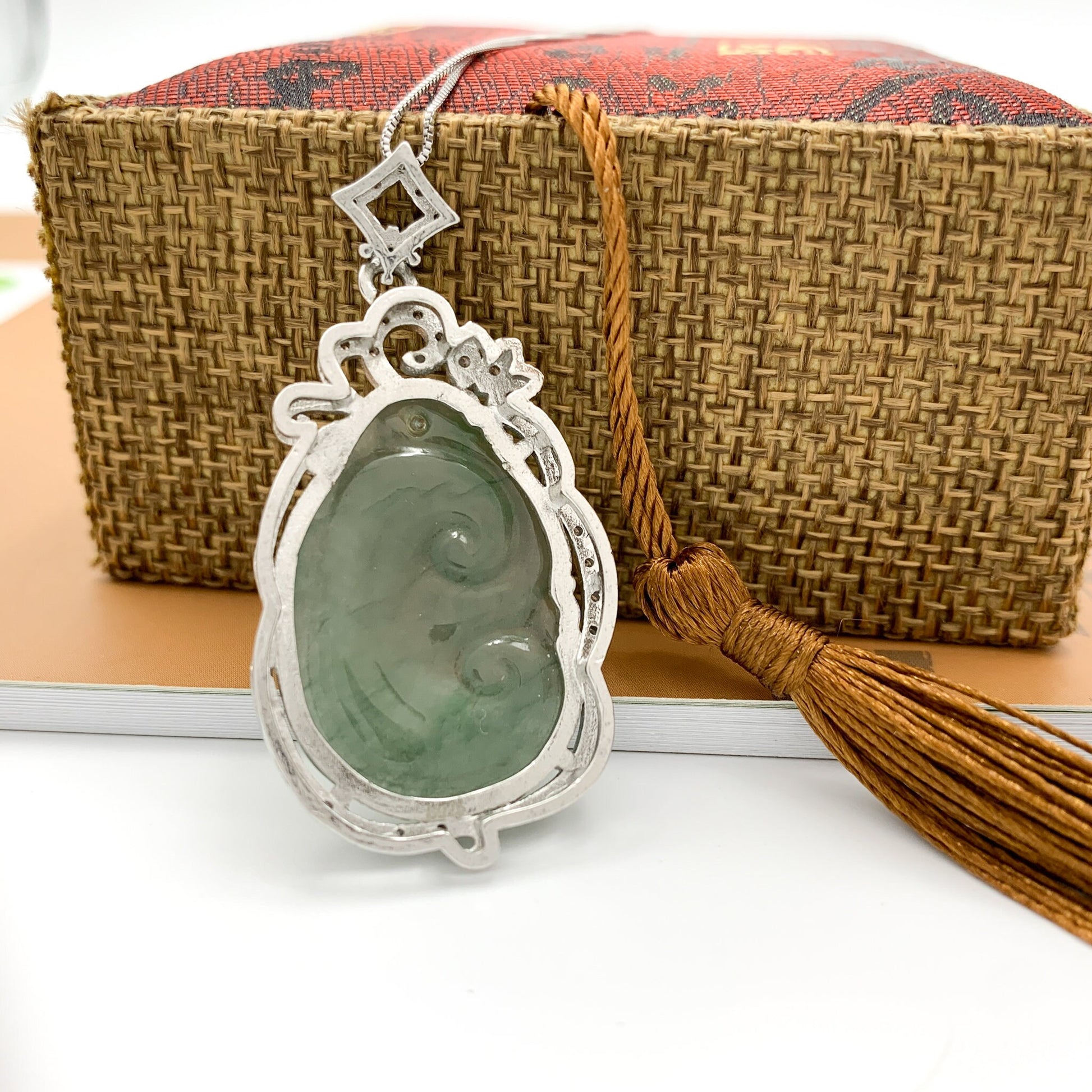 Jadeite Jade Lucky Ruyi Ru Yi, 如意, Sterling Silver Pendant Hand Carved Necklace, BJ-0621-0003439-4 - AriaDesignCollection