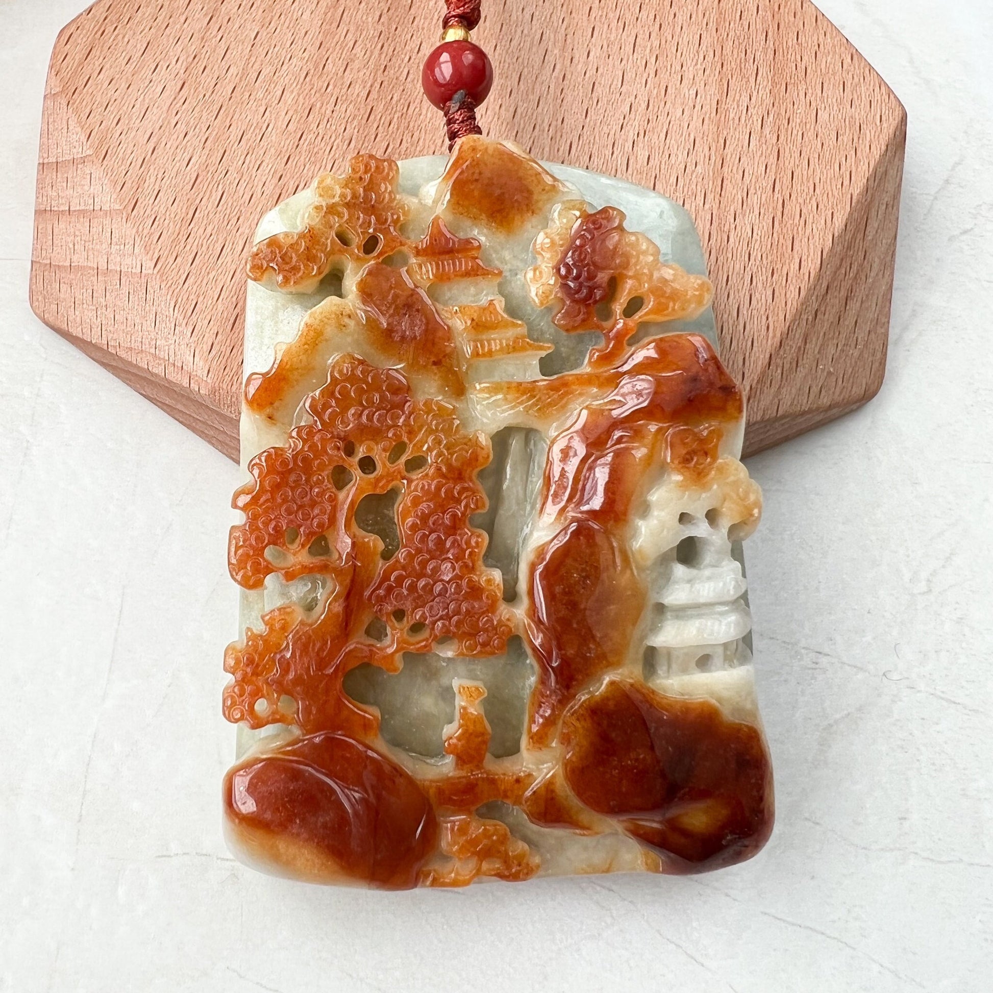 Yellow and Red Tree Pendant, Jadeite Jade, Mountain Forest River Scenery, Landscape Scenery, Hand Carved Pendant Necklace, YJ-0321-0360430 - AriaDesignCollection