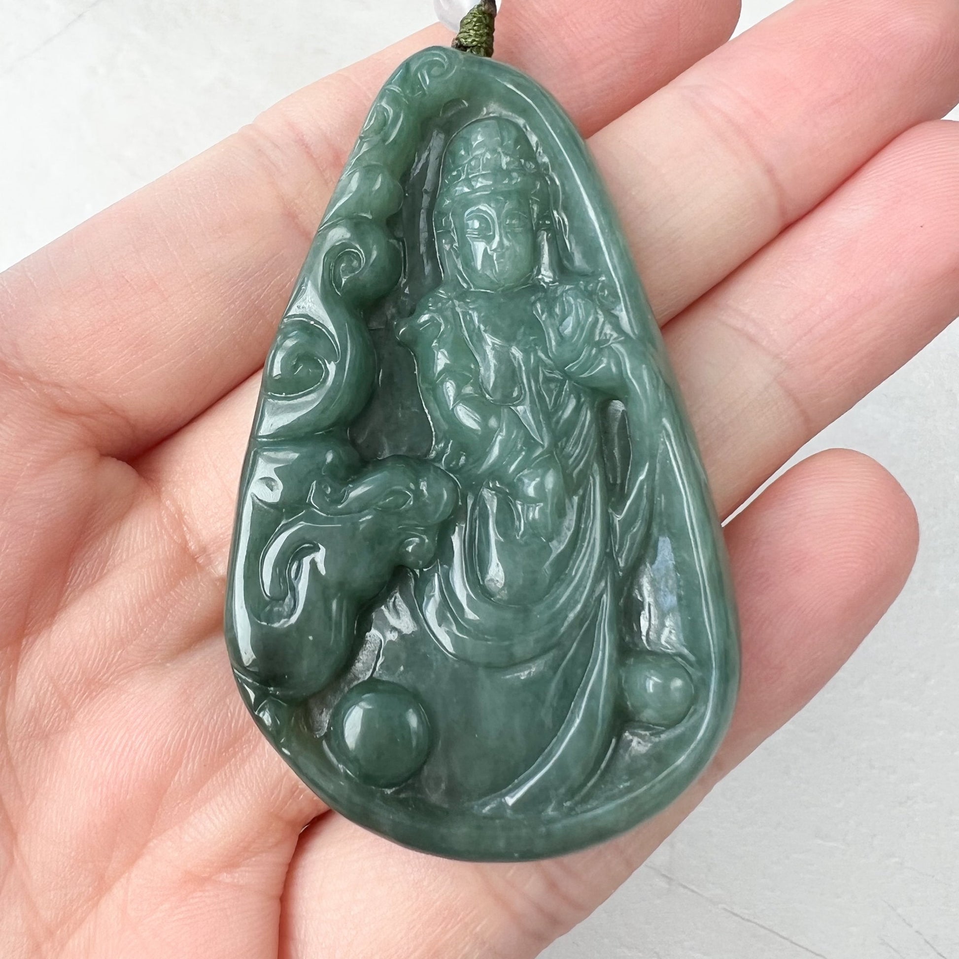 Jadeite Jade Guan Yin Avalokiteshvara and Dragon Carved Pendant Necklace, Quan Am, YJ-1221-0210864 - AriaDesignCollection