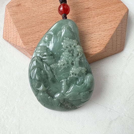 Green Jadeite Jade Landscape, Mountain Forest River Tree Scenery, Hand Carved Pendant Necklace, YJ-1221-0235527 - AriaDesignCollection