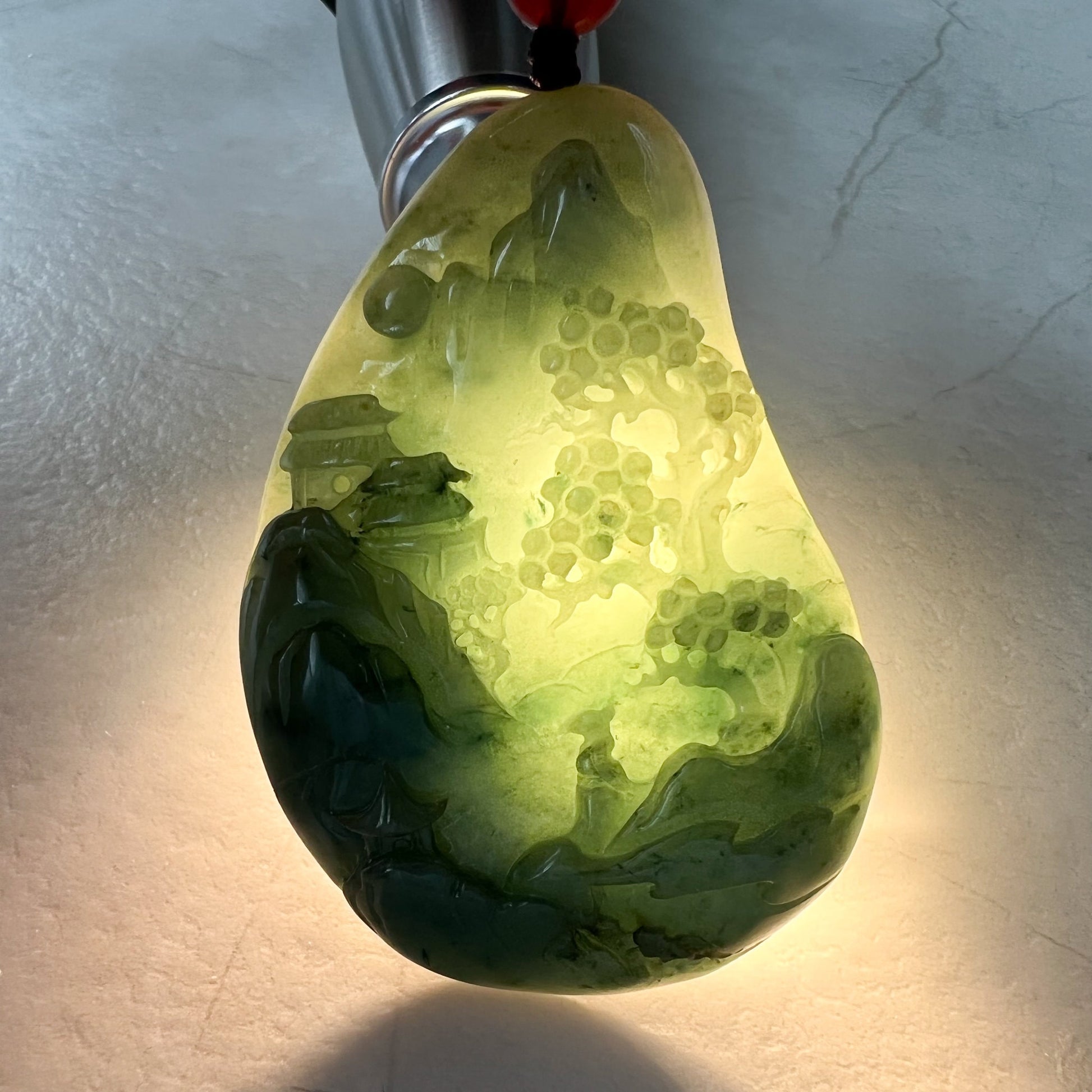 Green Jadeite Jade Landscape, Mountain Forest River Tree Scenery, Hand Carved Pendant Necklace, YJ-1221-0235527 - AriaDesignCollection