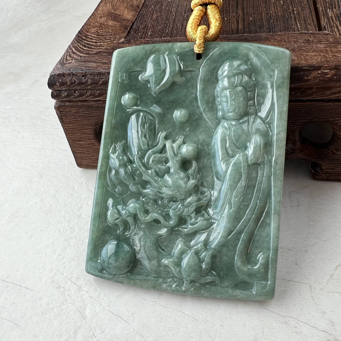 Large Green Jadeite Jade Guan Yin Kwan Yin Protected by Dragon, Avalokitesvara, Hand Carved Pendant Necklace, Quan Am, YJ-1221-0143581 - AriaDesignCollection