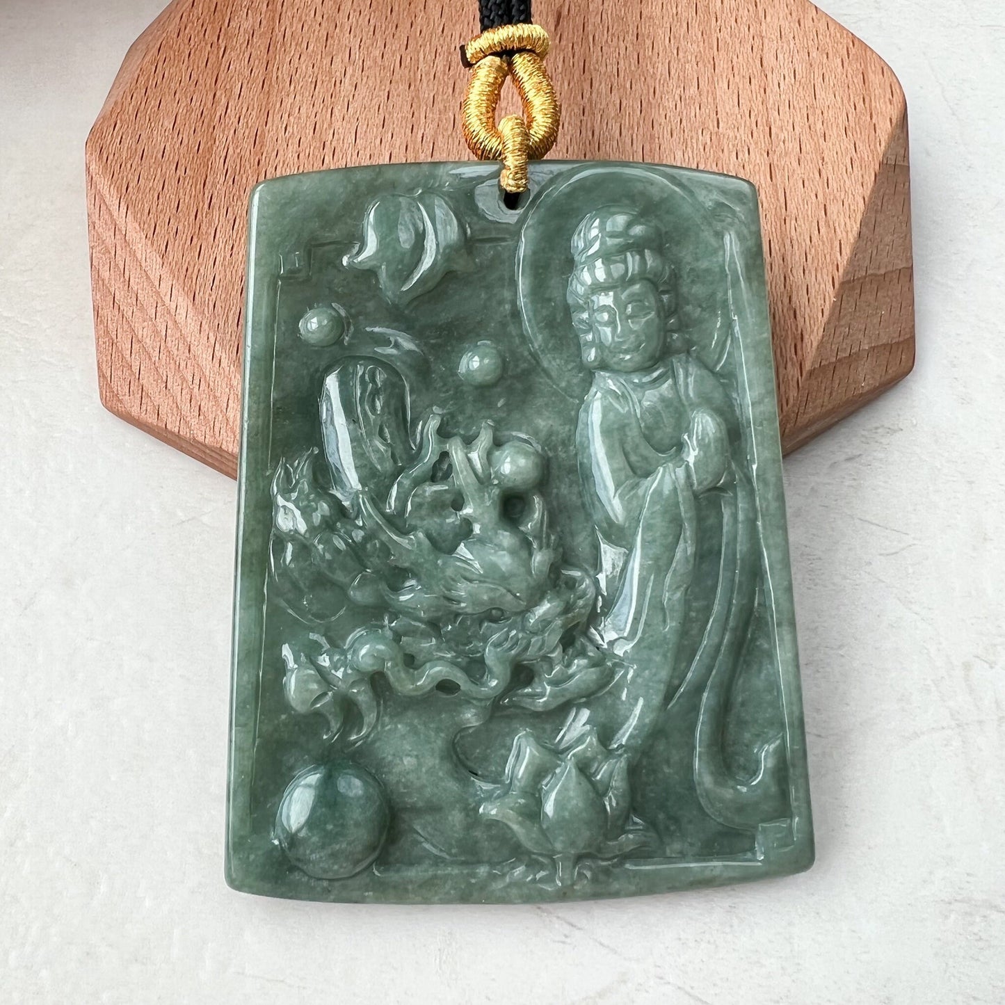 Large Green Jadeite Jade Guan Yin Kwan Yin Protected by Dragon, Avalokitesvara, Hand Carved Pendant Necklace, Quan Am, YJ-1221-0143581 - AriaDesignCollection