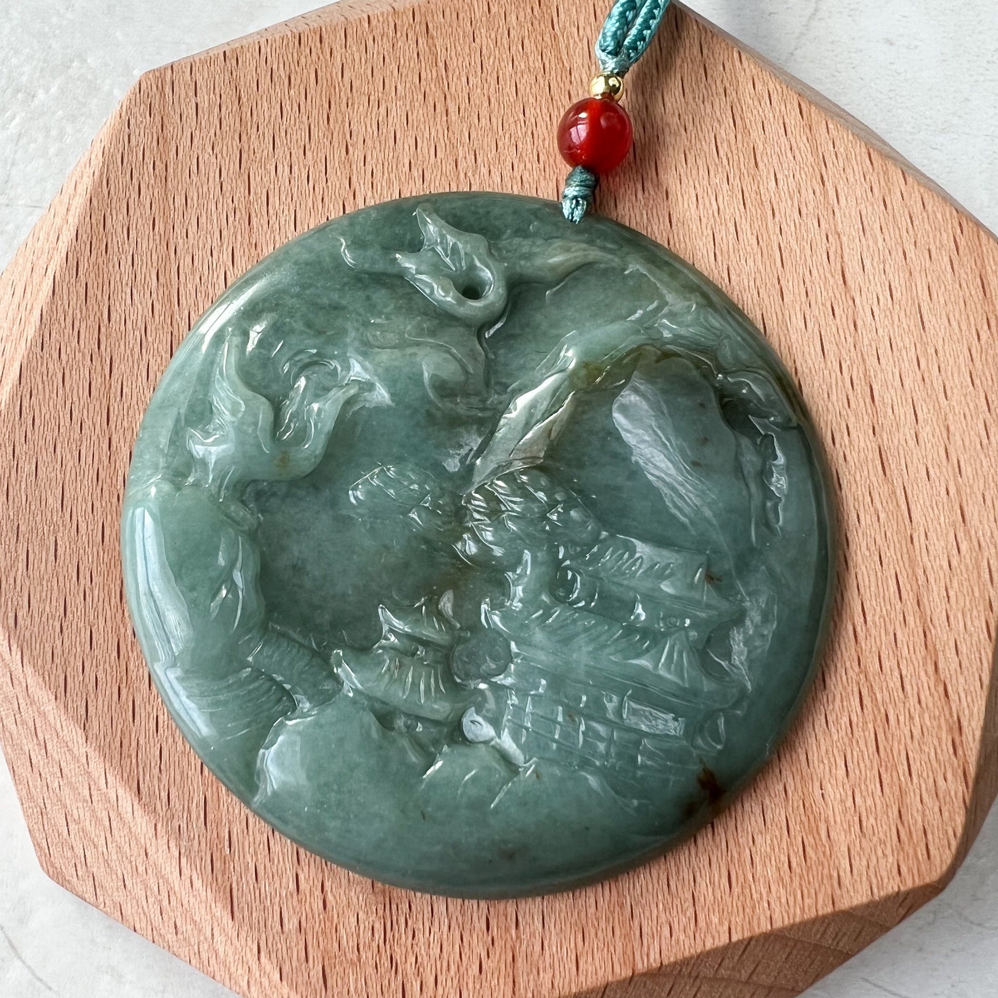 Jadeite Jade Landscape Mountain Forest River Tree, Crane, Longevity, Scenery Hand Carved Pendant Necklace, YJ-1221-0170321 - AriaDesignCollection