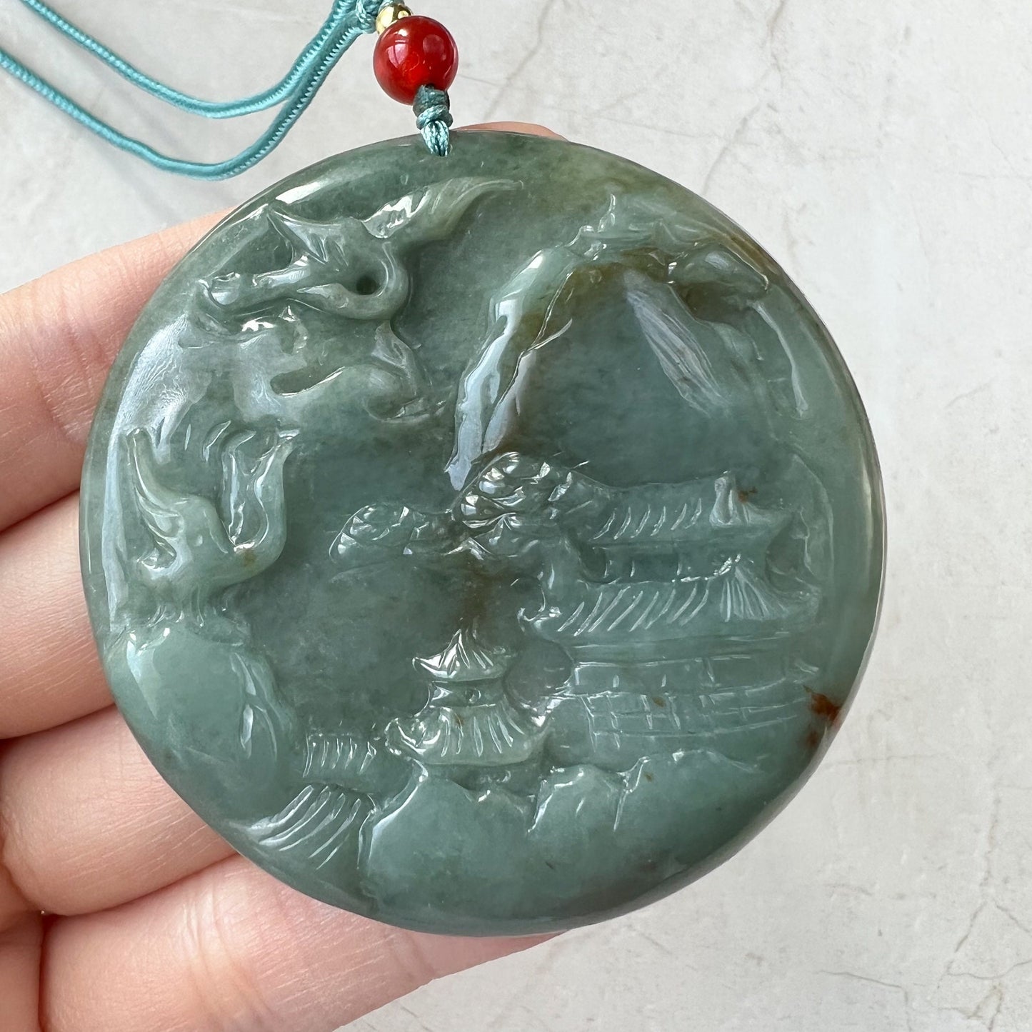 Jadeite Jade Landscape Mountain Forest River Tree, Crane, Longevity, Scenery Hand Carved Pendant Necklace, YJ-1221-0170321 - AriaDesignCollection