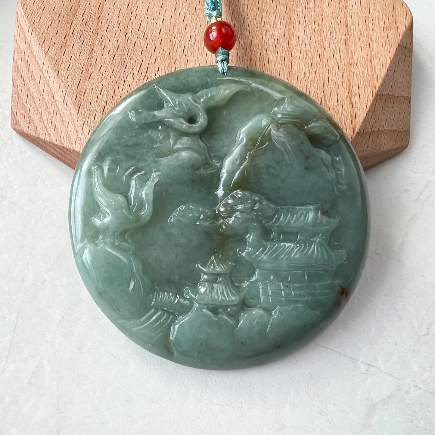 Jadeite Jade Landscape Mountain Forest River Tree, Crane, Longevity, Scenery Hand Carved Pendant Necklace, YJ-1221-0170321 - AriaDesignCollection