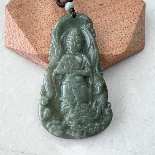 Jadeite Jade Guan Yin Avalokiteshvara and Dragon Carved Pendant Necklace, Quan Am, YJ-1221-0279115 - AriaDesignCollection