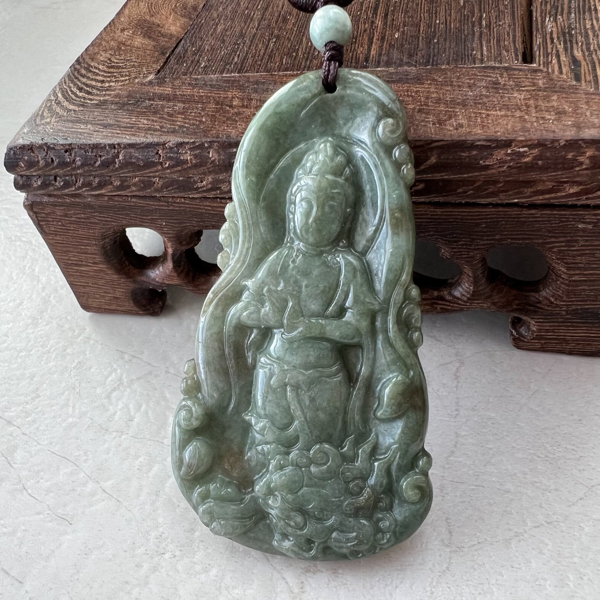 Jadeite Jade Guan Yin Avalokiteshvara and Dragon Carved Pendant Necklace, Quan Am, YJ-1221-0279115 - AriaDesignCollection