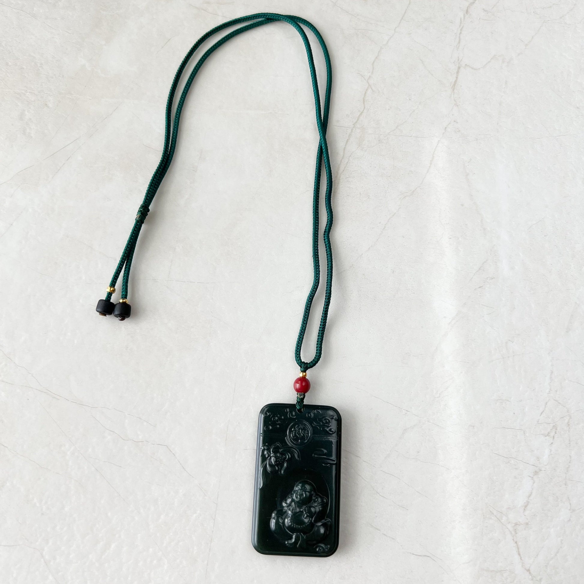 Dark Green Black Nephrite Jade Happy Laughing Buddha Necklace, SY-1221-1647872375 - AriaDesignCollection