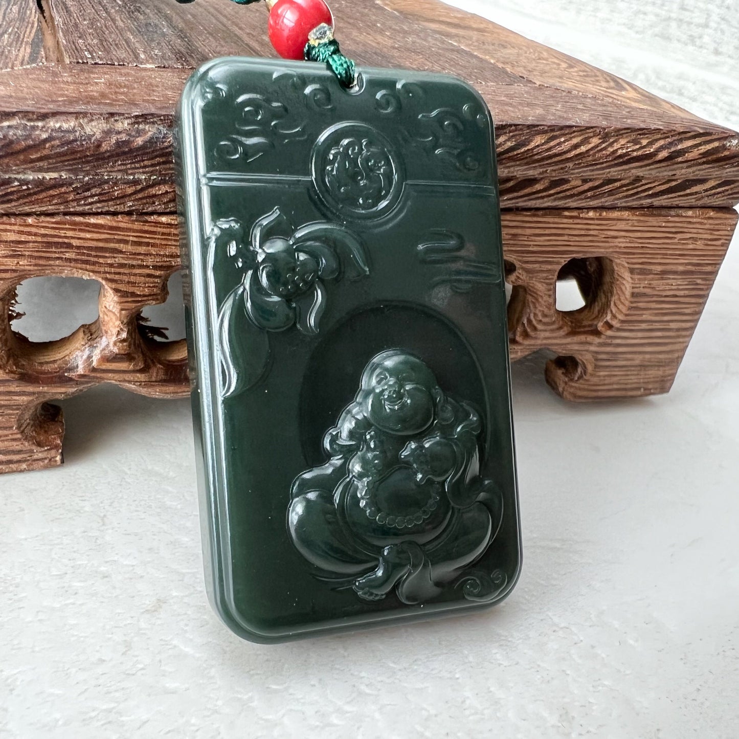 Dark Green Black Nephrite Jade Happy Laughing Buddha Necklace, SY-1221-1647872375 - AriaDesignCollection