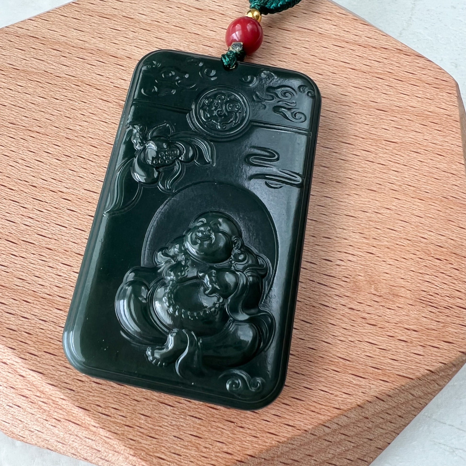 Dark Green Black Nephrite Jade Happy Laughing Buddha Necklace, SY-1221-1647872375 - AriaDesignCollection