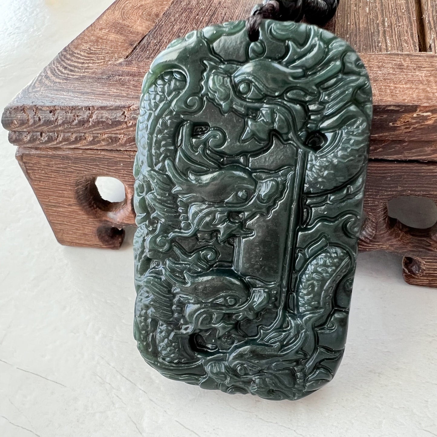 Dark Green, Black, Nephrite Jade Dragon Hand Carved Necklace, YZ-1221-1648247276 - AriaDesignCollection