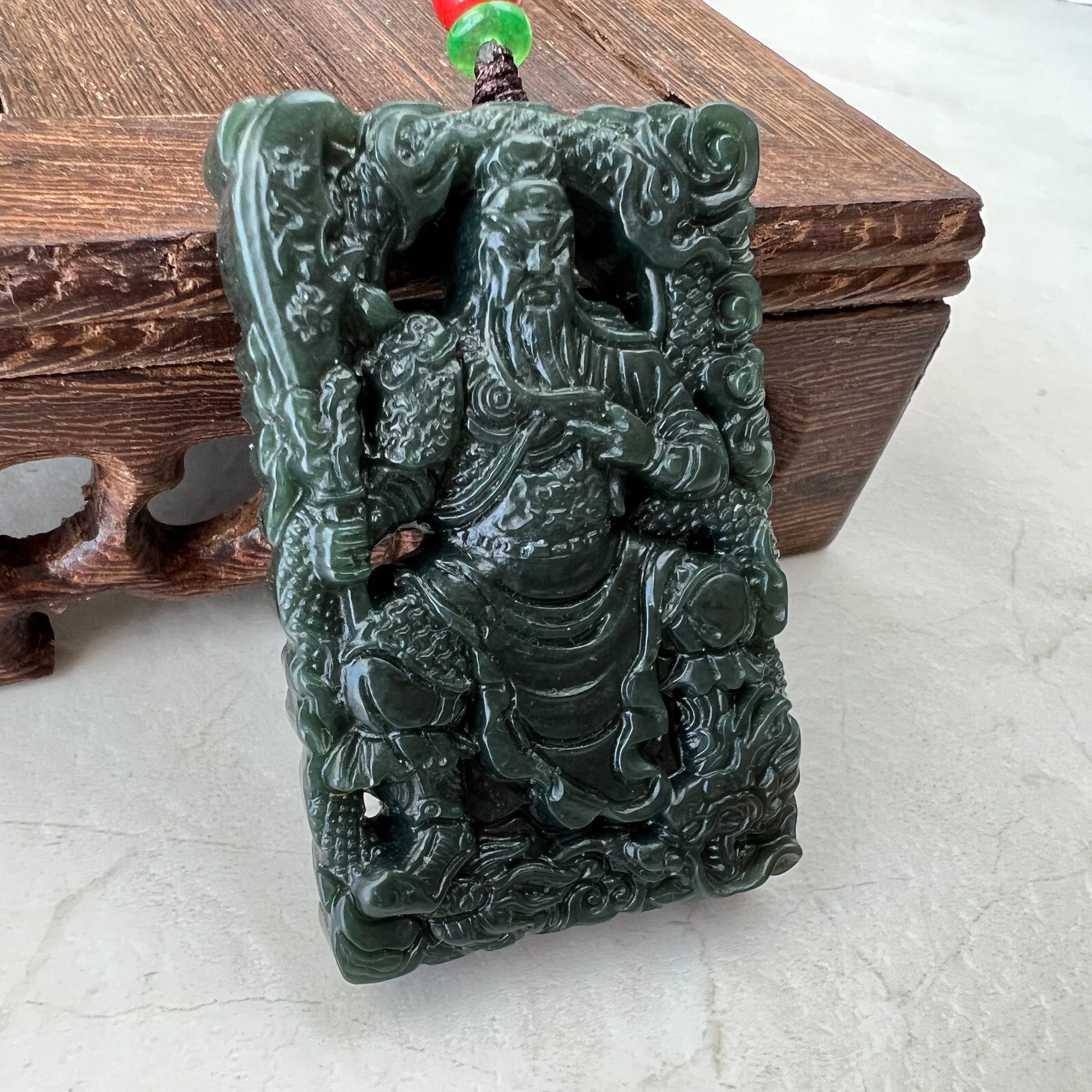 Dark Green Black Nephrite Jade Guan Yu Guan Gong, 关公, Carved Pendant Necklace, RM-1221-1648483726 - AriaDesignCollection