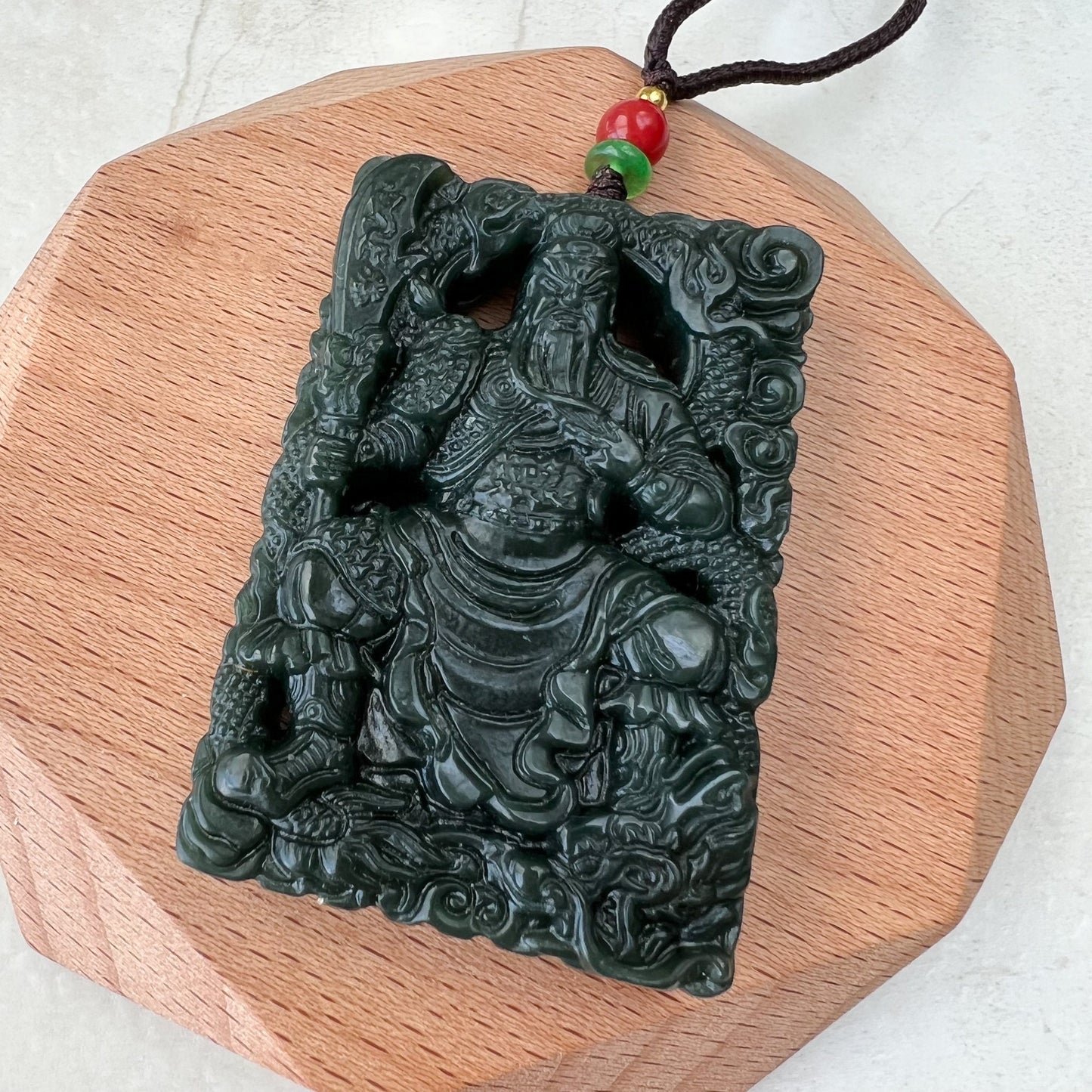 Dark Green Black Nephrite Jade Guan Yu Guan Gong, 关公, Carved Pendant Necklace, RM-1221-1648483726 - AriaDesignCollection