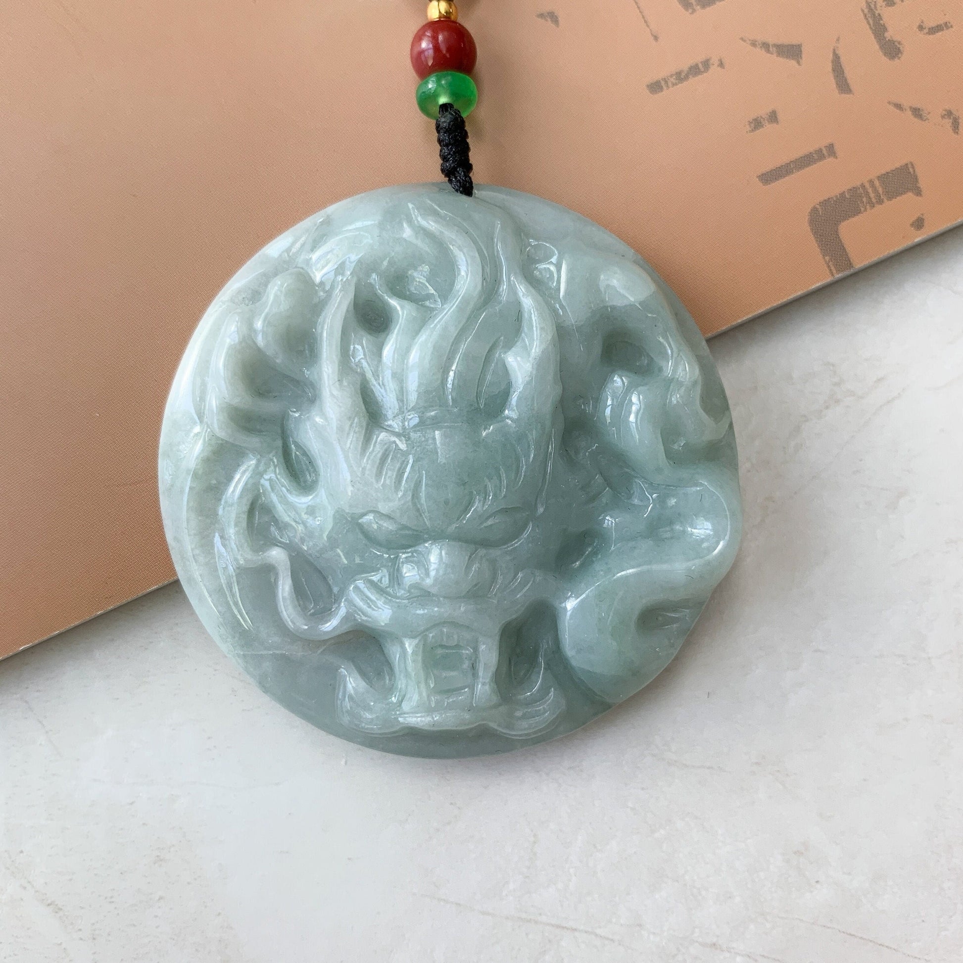 Large Jadeite Jade Dragon Chinese Zodiac Hand Carved Pendant Necklace, YJ-0321-0322922-1 - AriaDesignCollection