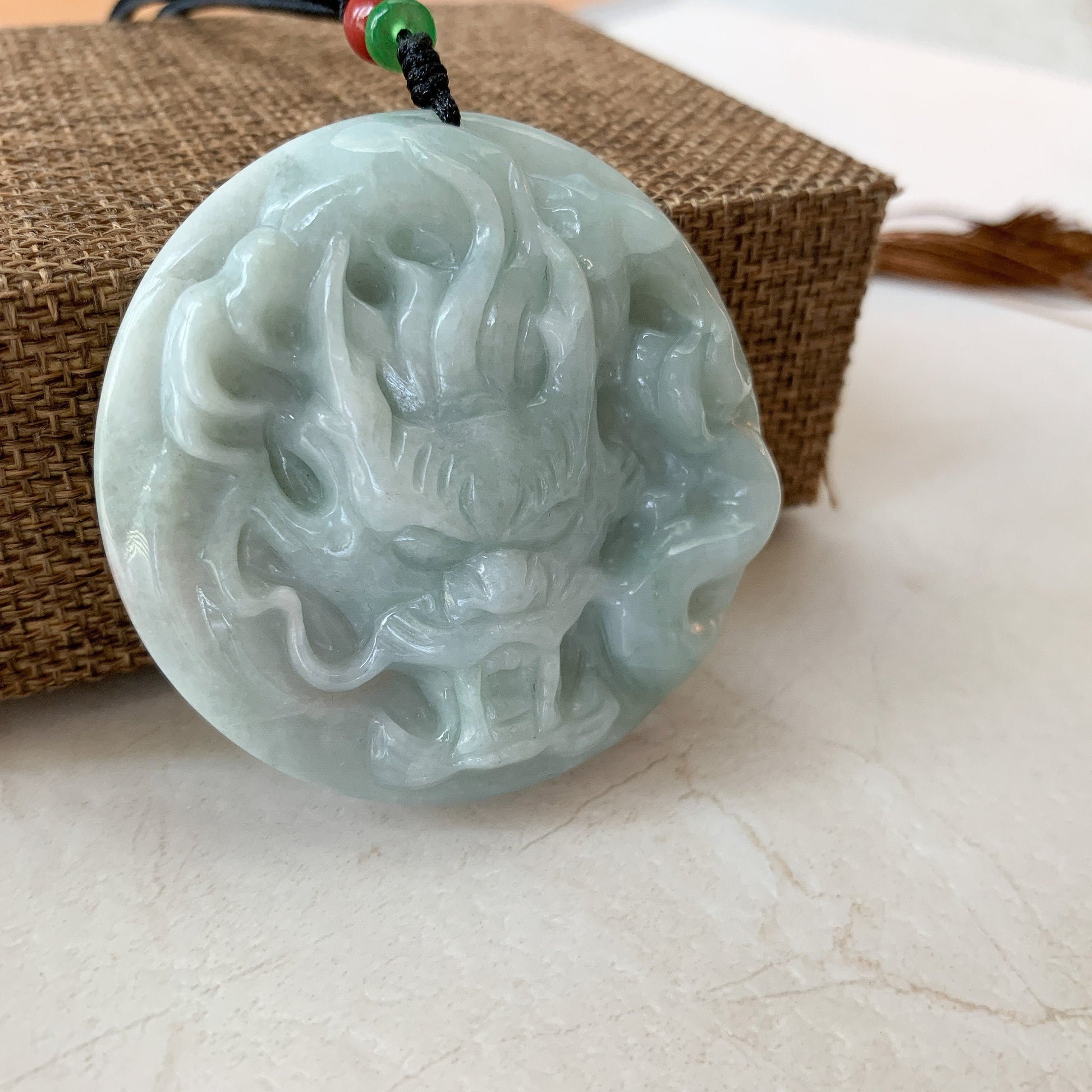 Large Jadeite Jade Dragon Chinese Zodiac Hand Carved Pendant Necklace, YJ-0321-0322922-1 - AriaDesignCollection